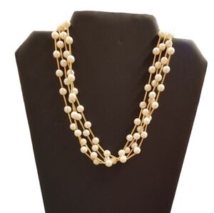 Vintage AVON Gold Tone Faux Pearl Multi-Strand Bar Link Necklace Signed
